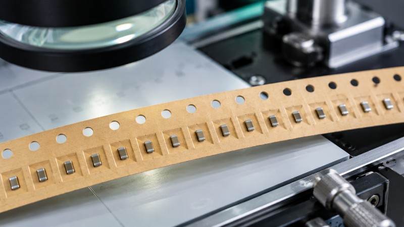 Chip capacitors placed in paper carrier tape pockets for quality inspection