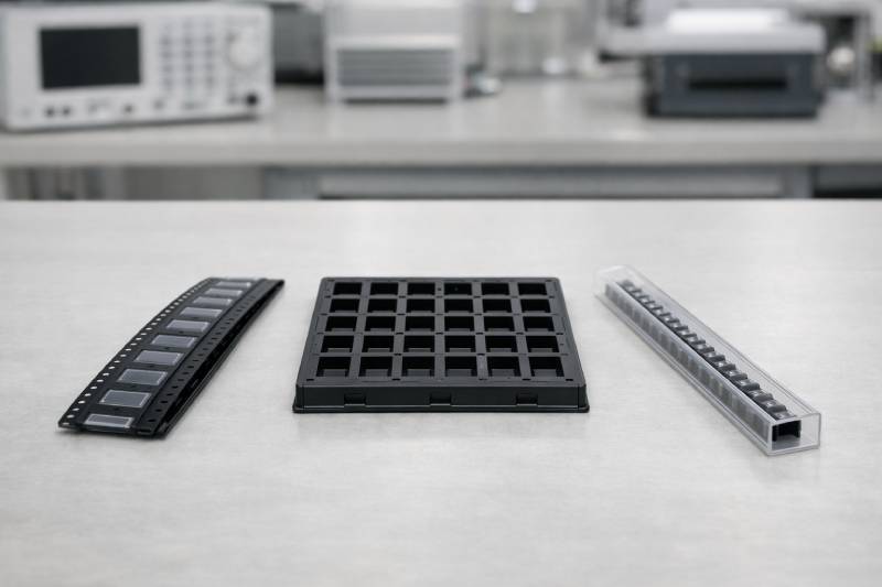 Visual comparison of carrier tape, tray, and tube packaging formats for electronic components