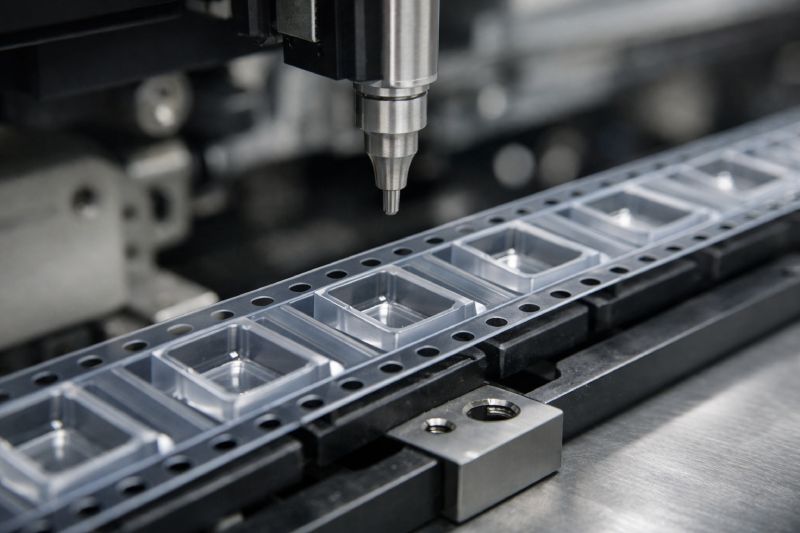 Carrier tape running through an SMT pick-and-place feeder system, showing pocket alignment, tape width support, and pitch accuracy during automated component feeding