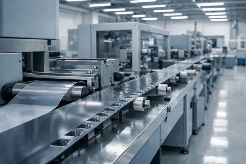 Carrier tape manufacturing process overview showing continuous production from material preparation to formed tape in an industrial environment