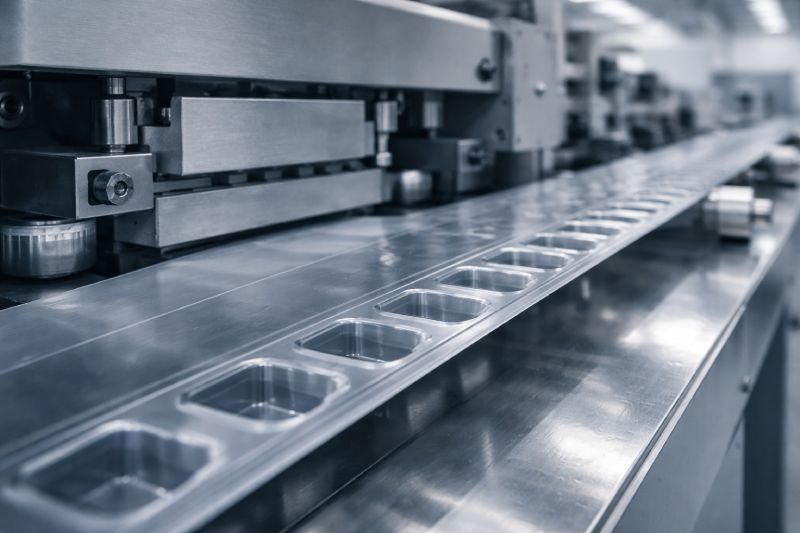 Carrier tape pocket forming process showing consistent pocket geometry and repeatability for SMT component packaging