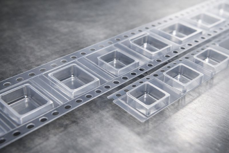 Close-up comparison of embossed carrier tape pockets showing variations in tape width support, pocket depth, and pitch spacing for SMT feeding stability