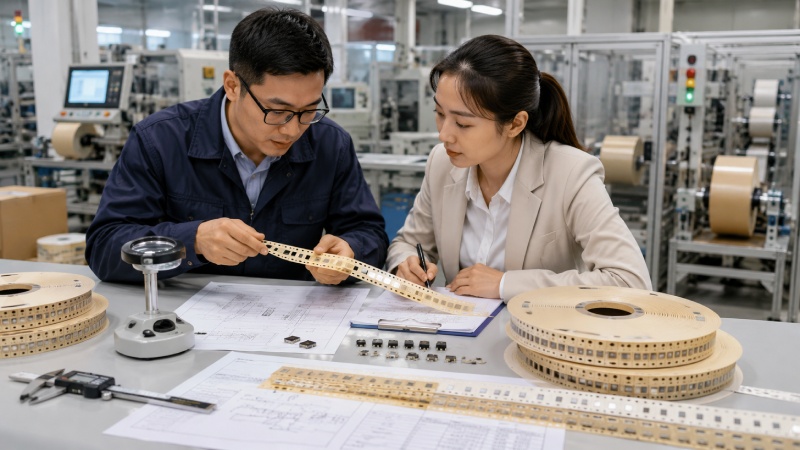 Procurement and engineering team evaluating paper carrier tape samples at a manufacturing facility