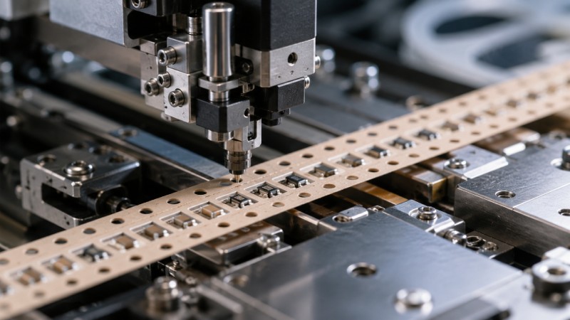 Small electronic components being loaded into paper carrier tape on an automated SMT packaging line
