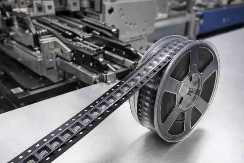 Embossed carrier tape integrated in tape and reel packaging system for SMT assembly