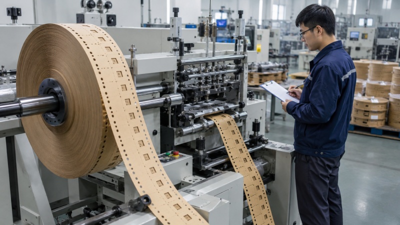 Paper carrier tape production line showing punching, inspection, and reel preparation for custom orders