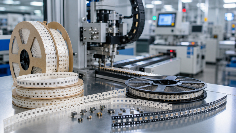 Paper carrier tape packaging process for small SMT electronic components