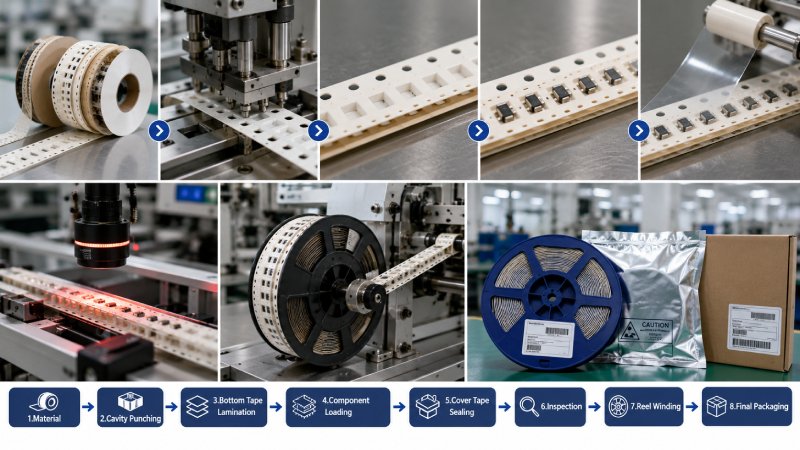 Paper carrier tape packaging workflow with cavity punching, component loading, cover tape sealing, inspection, and reel winding