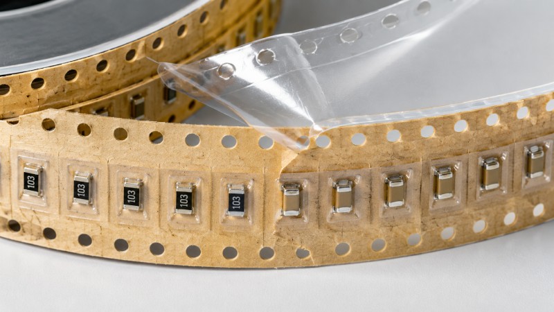 Close-up structure of paper carrier tape with passive components and cover tape