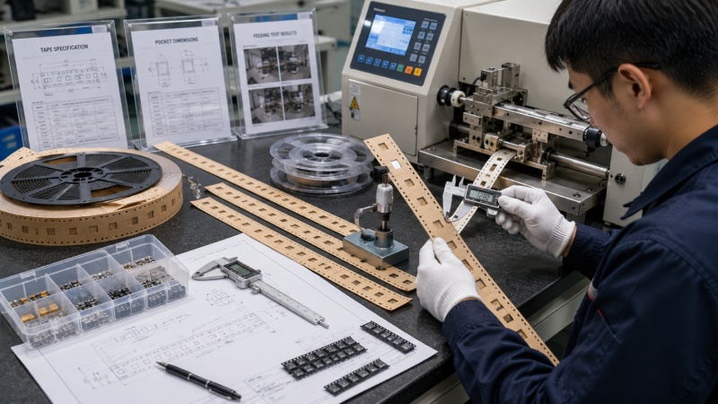 Engineer validating custom paper carrier tape dimensions and component fit before mass production