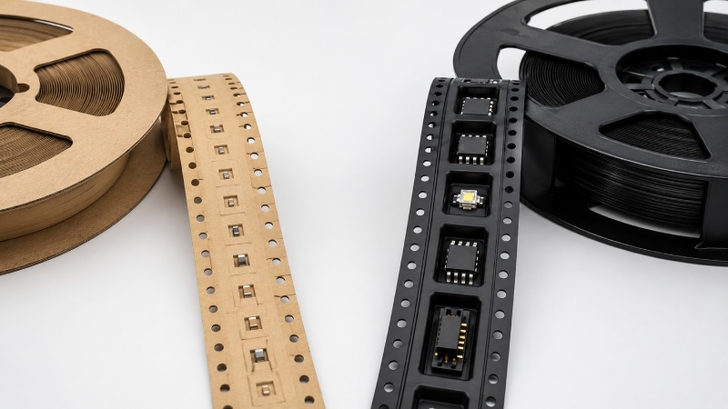 Paper carrier tape and plastic carrier tape comparison for electronic component packaging