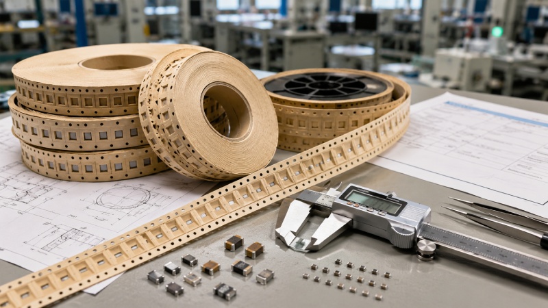 Paper carrier tape reels, component drawings, and measuring tools used to evaluate carrier tape cost factors