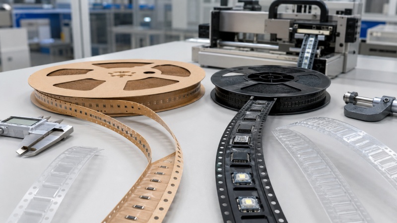 Paper and embossed carrier tape options compared for sustainable electronic component packaging