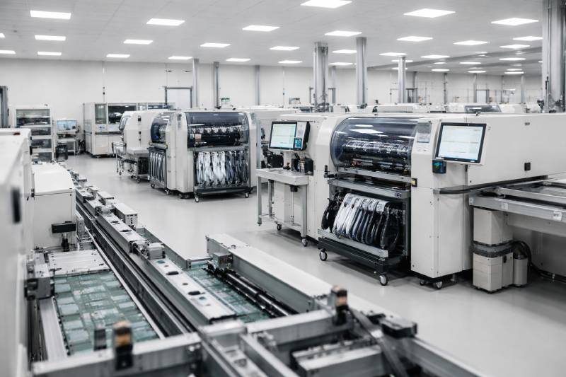 Automated SMT production environment illustrating packaging efficiency and manufacturing scale