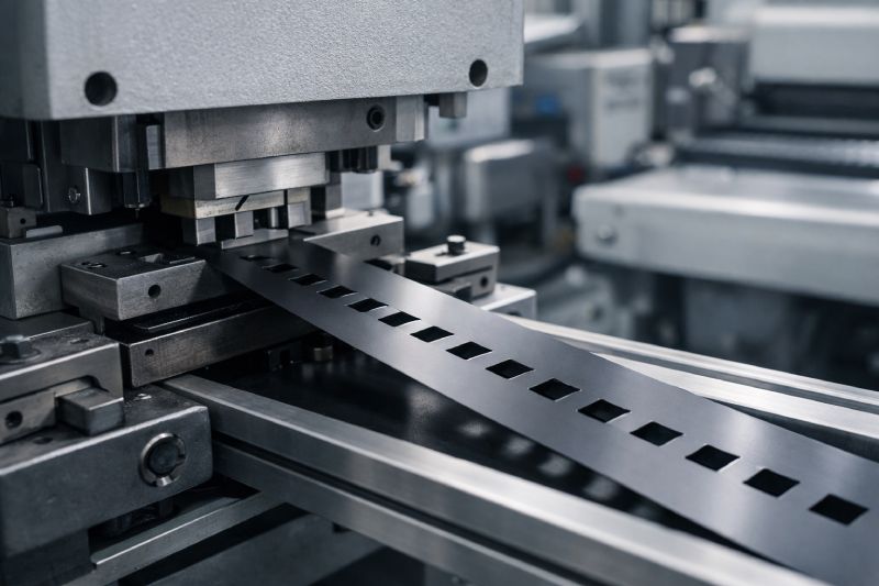 Flat punched carrier tape manufacturing concept showing pocket creation by punching in SMT packaging