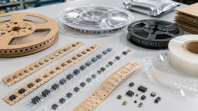 Recyclable paper and plastic carrier tape packaging for electronic components
