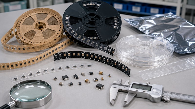 Paper and embossed recyclable carrier tape samples for electronic component packaging inspection