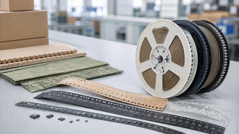 Sustainable tape and reel packaging with paper carrier tape, embossed carrier tape and recyclable reels